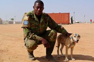 A peacekeeping officer is sitting in the desert with a stray dog at Fora Baranga camp